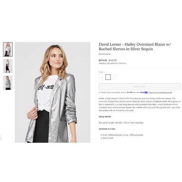 David Lerner Hailey Oversized Blazer Jacket Ruched‎ Sleeves Silver Sequin Size S - Picture 10 of 10